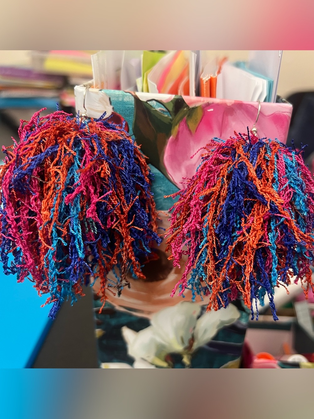 Handmade Colorful Pom Pom Fringe Earrings - Pink Blue Orange